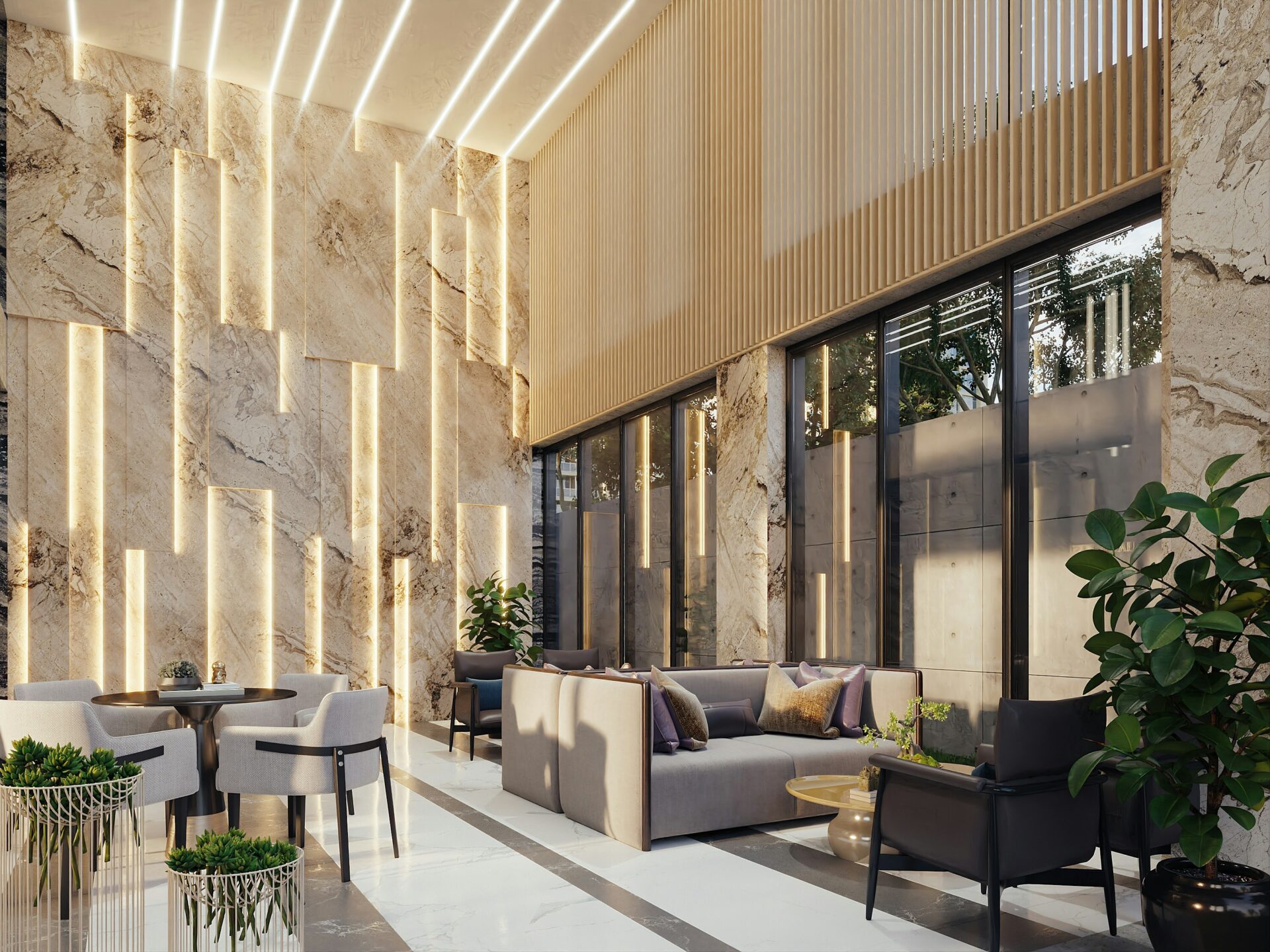 Modern hotel-style lobby seating area